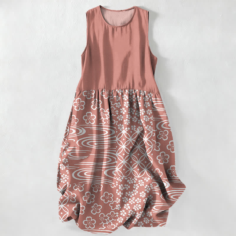 Buddha Stones Summer Casual Wave Floral Patchwork Pattern Women's Summer Sleeveless Midi Dress With Pockets - LightCoral - US16，UK/AU20，EU48 (3XL) - image 5