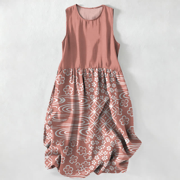 Buddha Stones Summer Casual Wave Floral Patchwork Pattern Women's Summer Sleeveless Midi Dress With Pockets - LightCoral - US16，UK/AU20，EU48 (3XL) - image 5