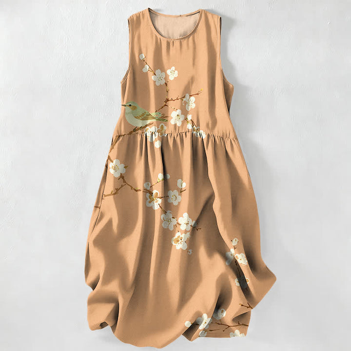 Buddha Stones Summer Casual Blossom Bird Branches Pattern Women's Summer Sleeveless Midi Dress With Pockets - SandyBrown - US16，UK/AU20，EU48 (3XL) - image 4
