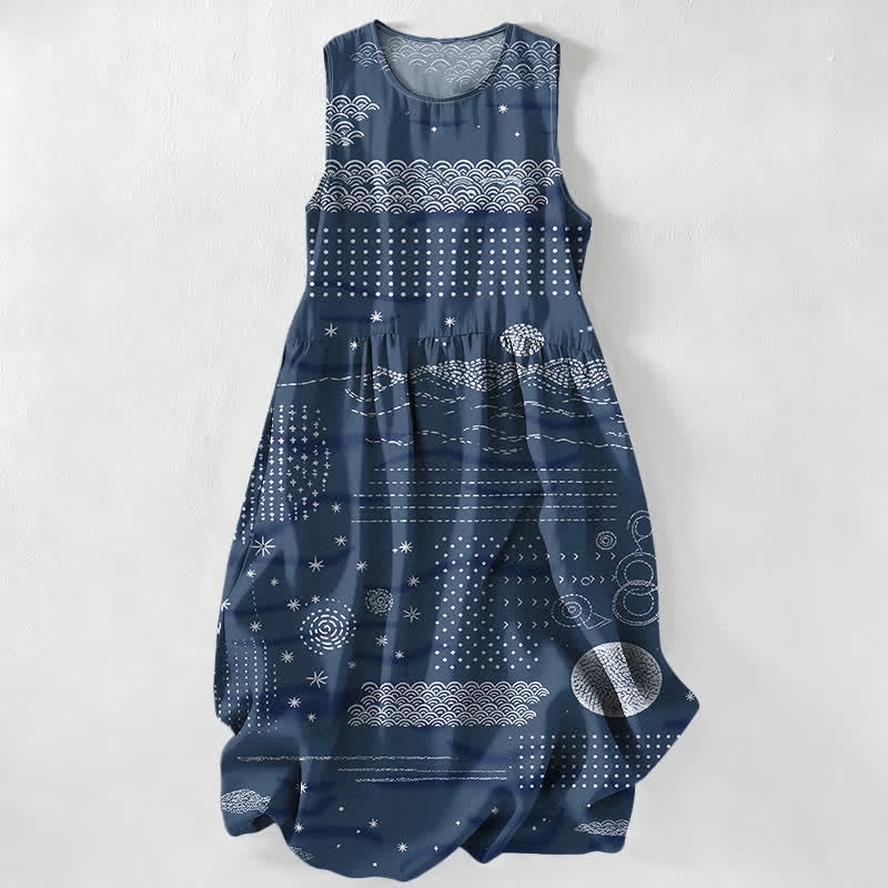 Buddha Stones Summer Casual Celestial Geometric Waves Pattern Women's Summer Sleeveless Midi Dress With Pockets - Navy - US16，UK/AU20，EU48 (3XL) - image 0