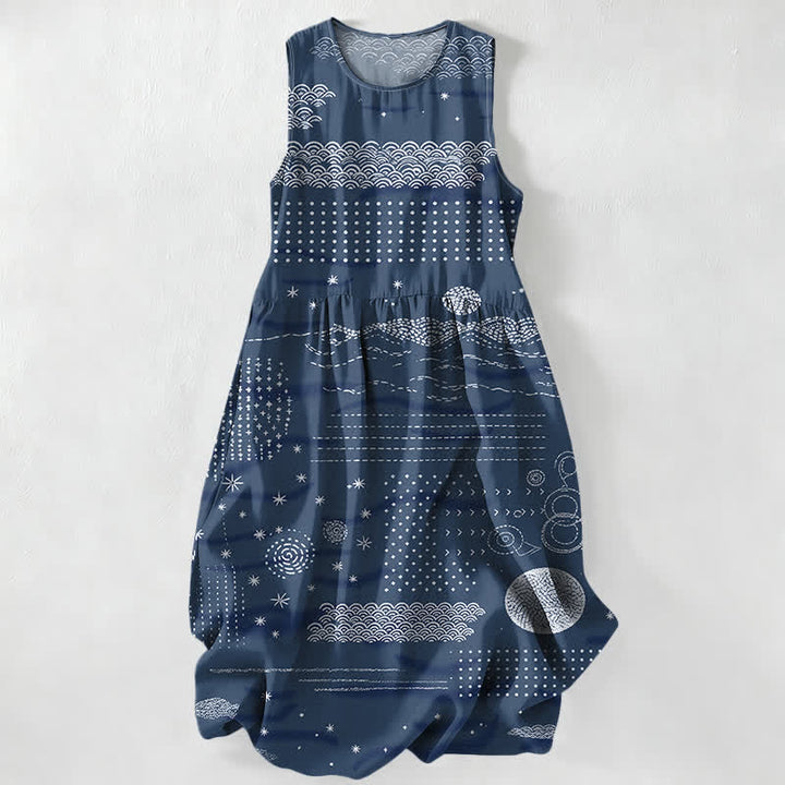 Buddha Stones Summer Casual Celestial Geometric Waves Pattern Women's Summer Sleeveless Midi Dress With Pockets - Navy - US16，UK/AU20，EU48 (3XL) - image 0