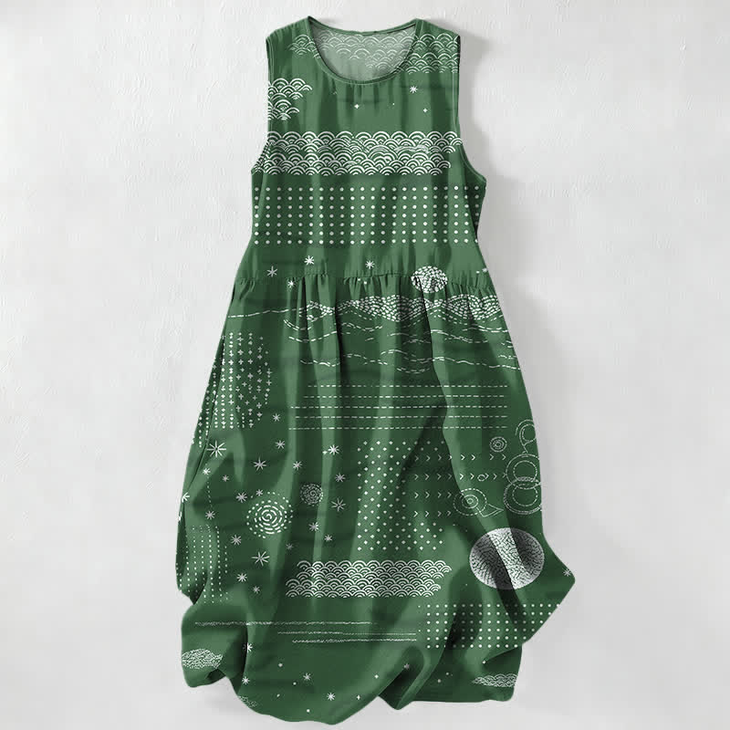 Buddha Stones Summer Casual Celestial Geometric Waves Pattern Women's Summer Sleeveless Midi Dress With Pockets - ForestGreen - US16，UK/AU20，EU48 (3XL) - image 4