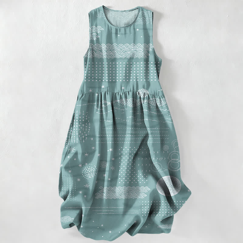 Buddha Stones Summer Casual Celestial Geometric Waves Pattern Women's Summer Sleeveless Midi Dress With Pockets - MediumAquamarine - US16，UK/AU20，EU48 (3XL) - image 5