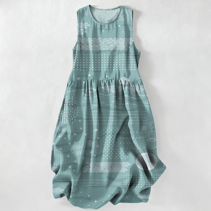 Buddha Stones Summer Casual Celestial Geometric Waves Pattern Women's Summer Sleeveless Midi Dress With Pockets - MediumAquamarine - US16，UK/AU20，EU48 (3XL) - image 5