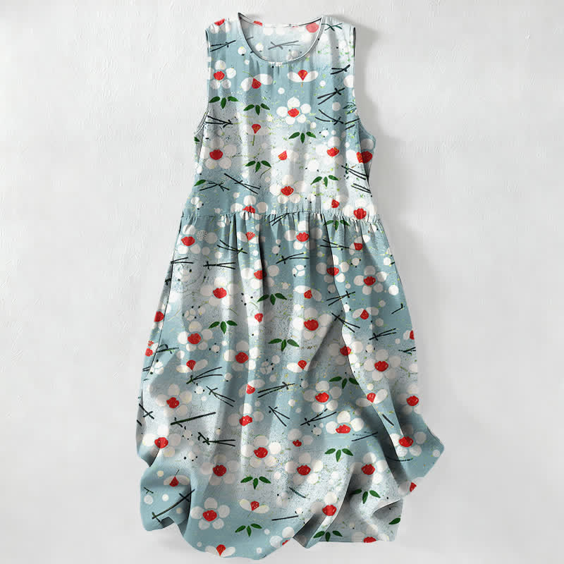 Buddha Stones Summer Casual Wildflower Berry Branch Pattern Women's Summer Sleeveless Midi Dress With Pockets - PaleTurquoise - US16，UK/AU20，EU48 (3XL) - image 0