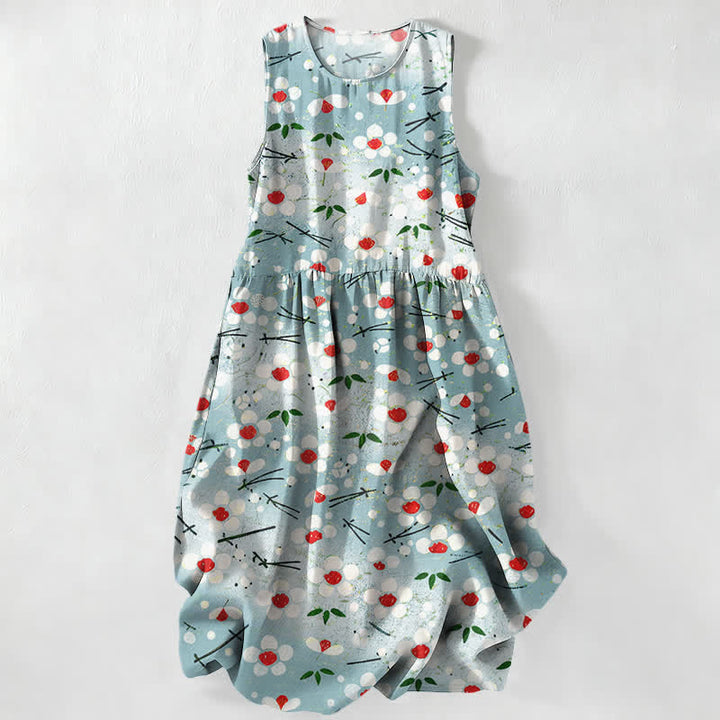 Buddha Stones Summer Casual Wildflower Berry Branch Pattern Women's Summer Sleeveless Midi Dress With Pockets - PaleTurquoise - US16，UK/AU20，EU48 (3XL) - image 0