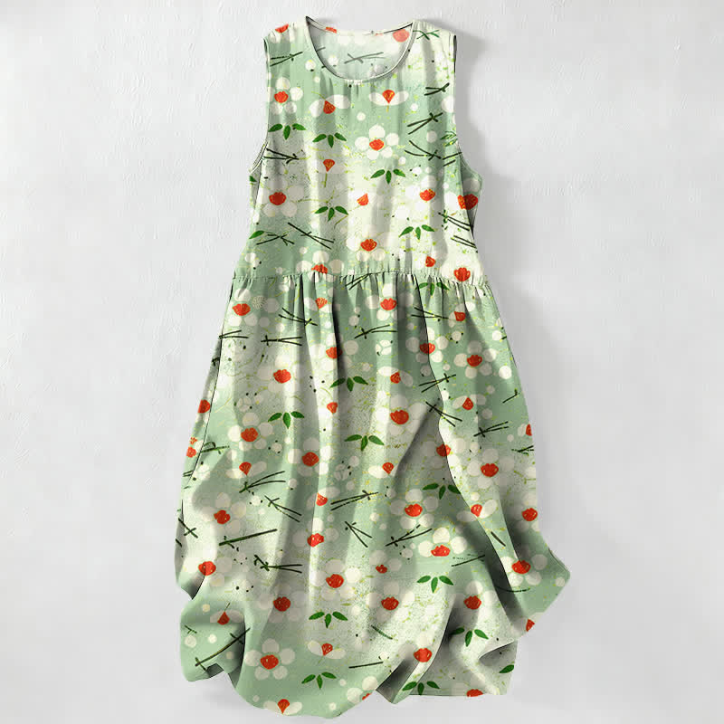 Buddha Stones Summer Casual Wildflower Berry Branch Pattern Women's Summer Sleeveless Midi Dress With Pockets - PaleGreen - US16，UK/AU20，EU48 (3XL) - image 4