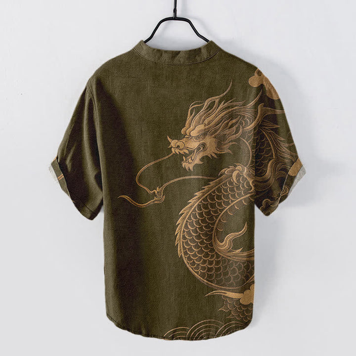 Buddha Stones Cotton Golden Dragon Pattern Men's Short Sleeve Half Button Shirt - image 1