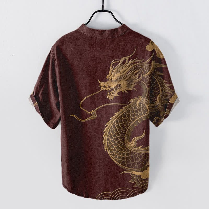 Buddha Stones Cotton Golden Dragon Pattern Men's Short Sleeve Half Button Shirt - image 6