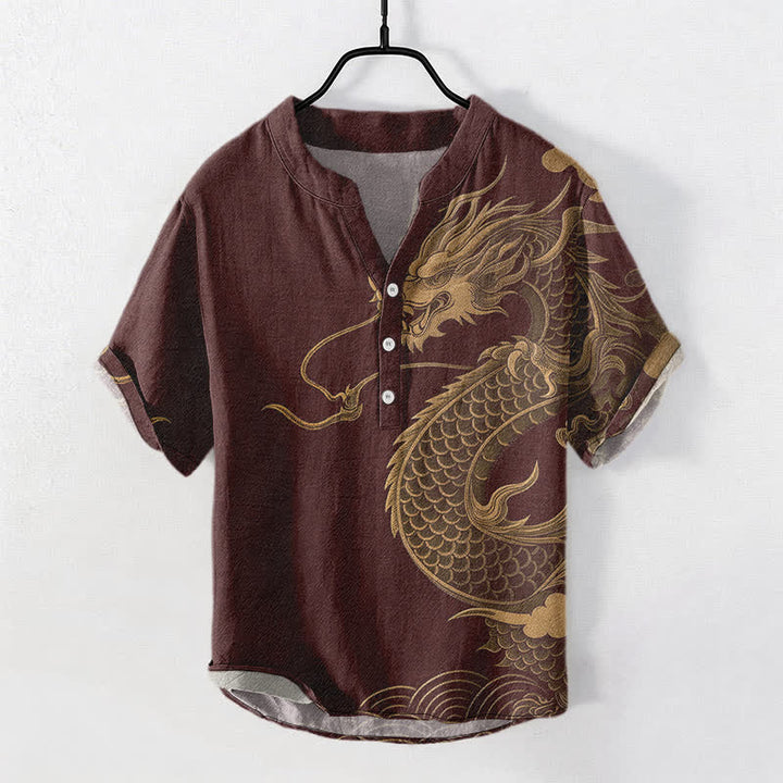 Buddha Stones Cotton Golden Dragon Pattern Men's Short Sleeve Half Button Shirt - Maroon - US/UK/AU50，EU60 (5XL) - image 5