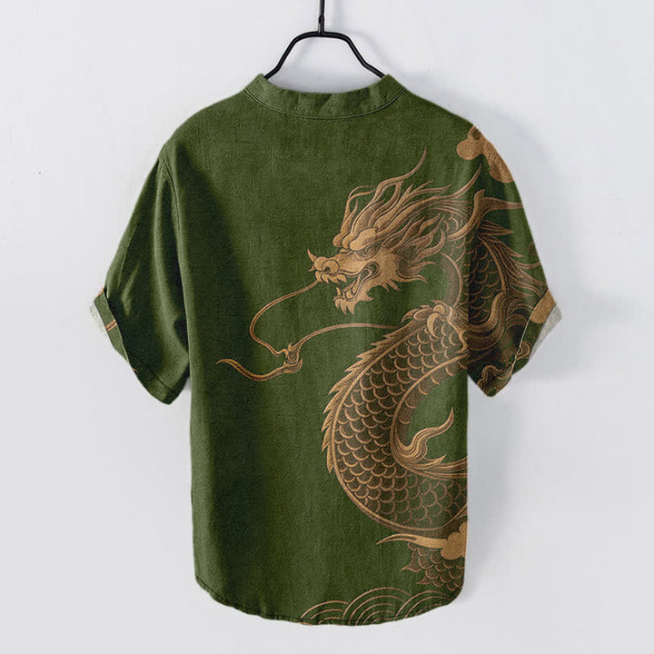 Buddha Stones Cotton Golden Dragon Pattern Men's Short Sleeve Half Button Shirt - image 8