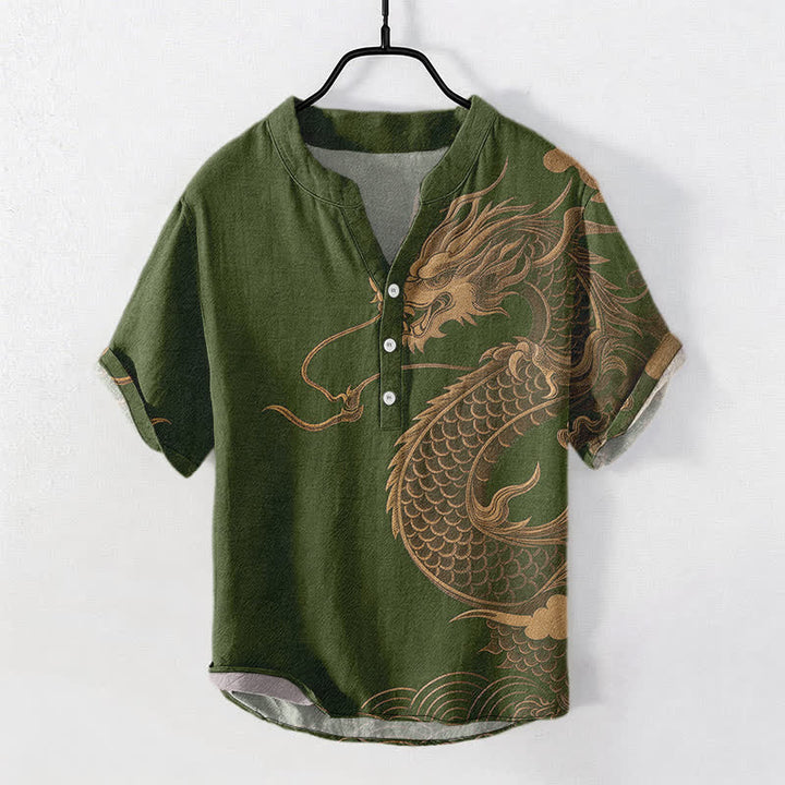 Buddha Stones Cotton Golden Dragon Pattern Men's Short Sleeve Half Button Shirt - DarkOliveGreen - US/UK/AU50，EU60 (5XL) - image 7