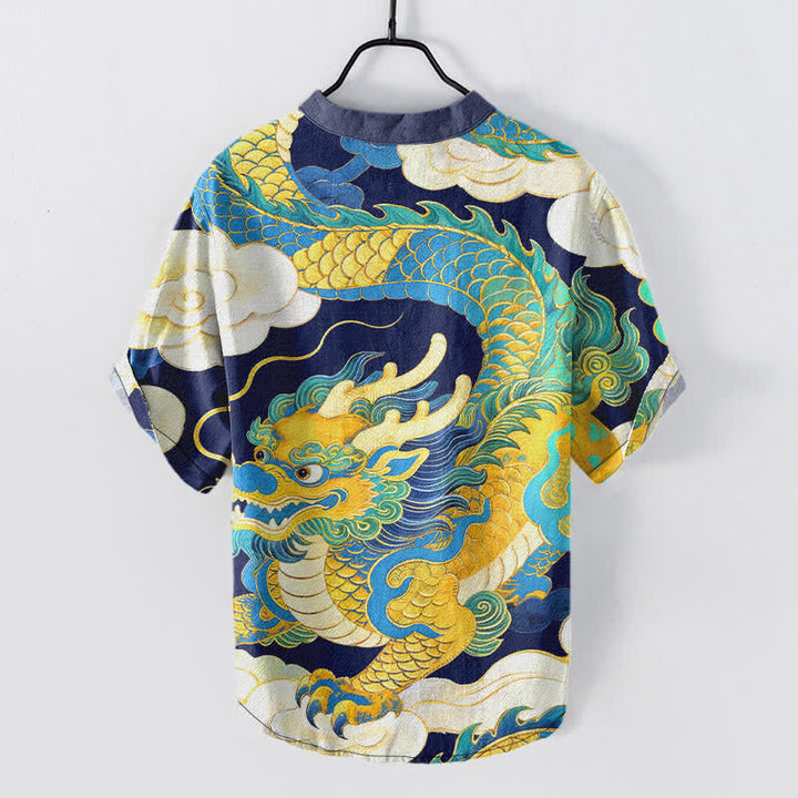 Buddha Stones Cotton Golden Dragon Auspicious Clouds Pattern Men's Short Sleeve Half Button Shirt - image 6
