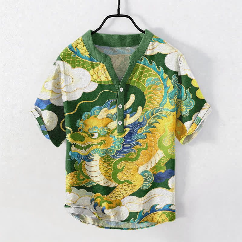 Buddha Stones Cotton Golden Dragon Auspicious Clouds Pattern Men's Short Sleeve Half Button Shirt - ForestGreen - US/UK/AU50，EU60 (5XL) - image 7