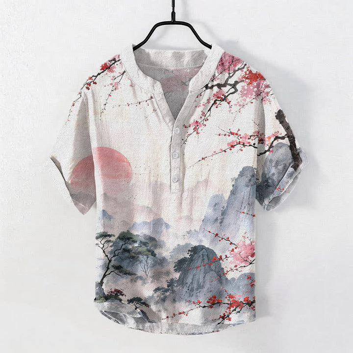 Buddha Stones Cotton Ink Landscape Plum Blossom Pattern Men's Short Sleeve Half Button Shirt - LightCoral - US/UK/AU50，EU60 (5XL) - image 0