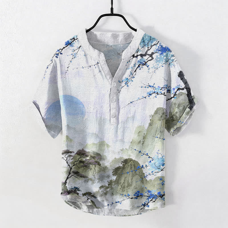 Buddha Stones Cotton Ink Landscape Plum Blossom Pattern Men's Short Sleeve Half Button Shirt - LightBlue - US/UK/AU50，EU60 (5XL) - image 3