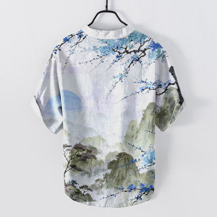 Buddha Stones Cotton Ink Landscape Plum Blossom Pattern Men's Short Sleeve Half Button Shirt - image 4