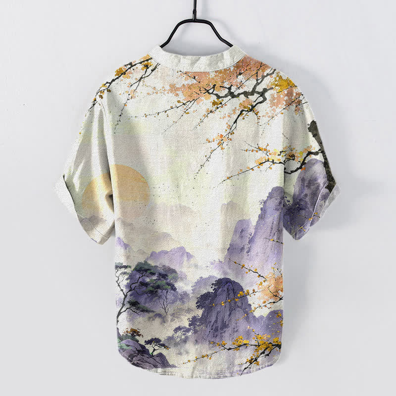 Buddha Stones Cotton Ink Landscape Plum Blossom Pattern Men's Short Sleeve Half Button Shirt - image 6