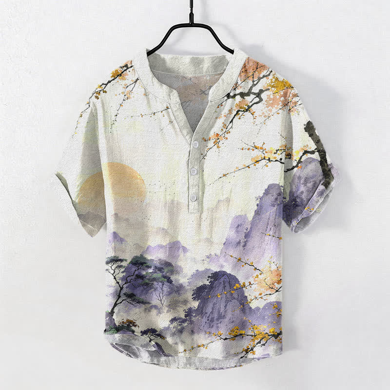 Buddha Stones Cotton Ink Landscape Plum Blossom Pattern Men's Short Sleeve Half Button Shirt - Wheat - US/UK/AU50，EU60 (5XL) - image 5