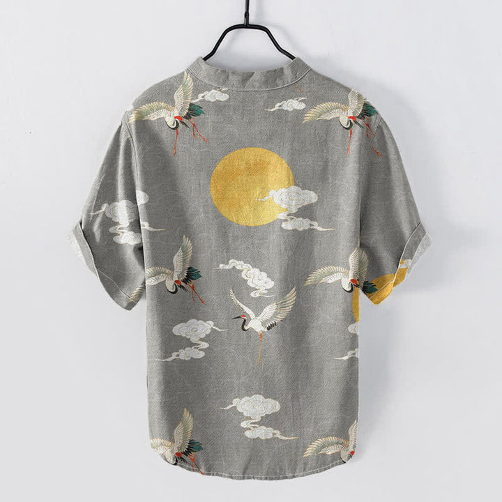 Buddha Stones Cotton Crane Cloud Sun Pattern Men's Short Sleeve Half Button Shirt - image 1