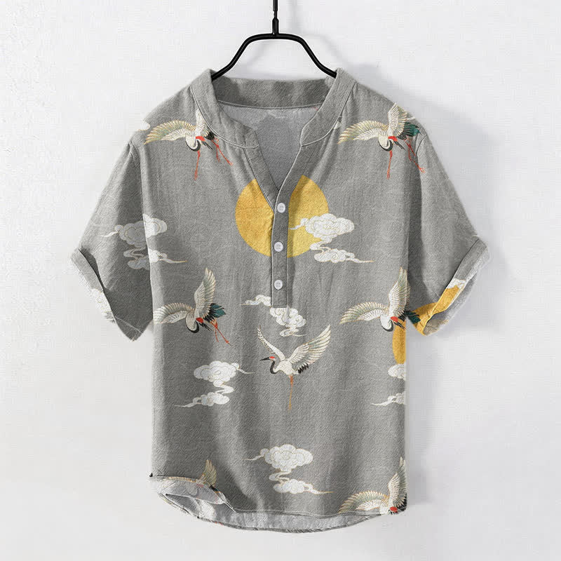 Buddha Stones Cotton Crane Cloud Sun Pattern Men's Short Sleeve Half Button Shirt - LightGrey - US/UK/AU50，EU60 (5XL) - image 0