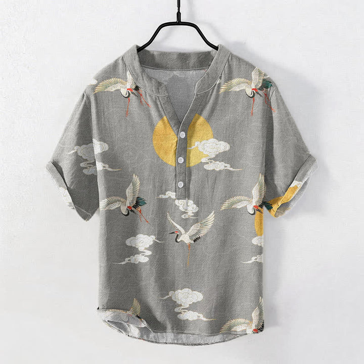 Buddha Stones Cotton Crane Cloud Sun Pattern Men's Short Sleeve Half Button Shirt - LightGrey - US/UK/AU50，EU60 (5XL) - image 0