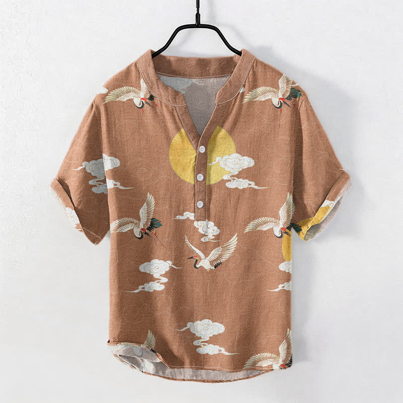 Buddha Stones Cotton Crane Cloud Sun Pattern Men's Short Sleeve Half Button Shirt - SandyBrown - US/UK/AU50，EU60 (5XL) - image 3