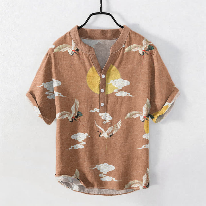 Buddha Stones Cotton Crane Cloud Sun Pattern Men's Short Sleeve Half Button Shirt - SandyBrown - US/UK/AU50，EU60 (5XL) - image 3
