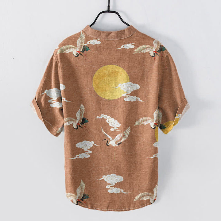 Buddha Stones Cotton Crane Cloud Sun Pattern Men's Short Sleeve Half Button Shirt - image 4