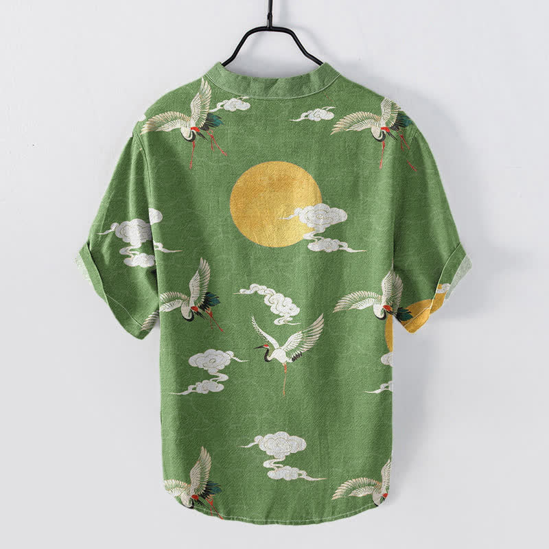 Buddha Stones Cotton Crane Cloud Sun Pattern Men's Short Sleeve Half Button Shirt - image 6