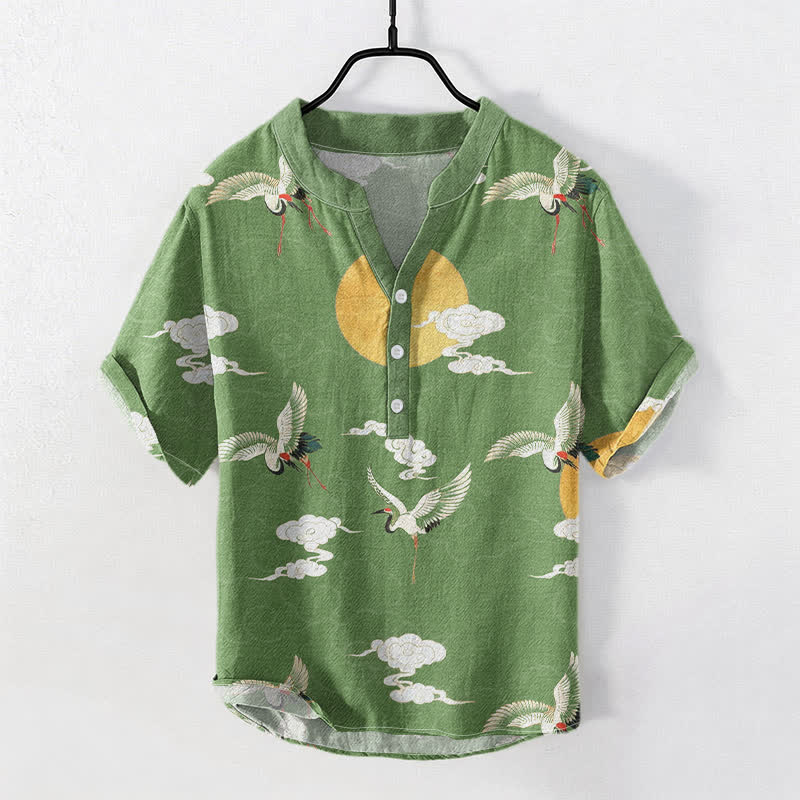 Buddha Stones Cotton Crane Cloud Sun Pattern Men's Short Sleeve Half Button Shirt - MediumSeaGreen - US/UK/AU50，EU60 (5XL) - image 5