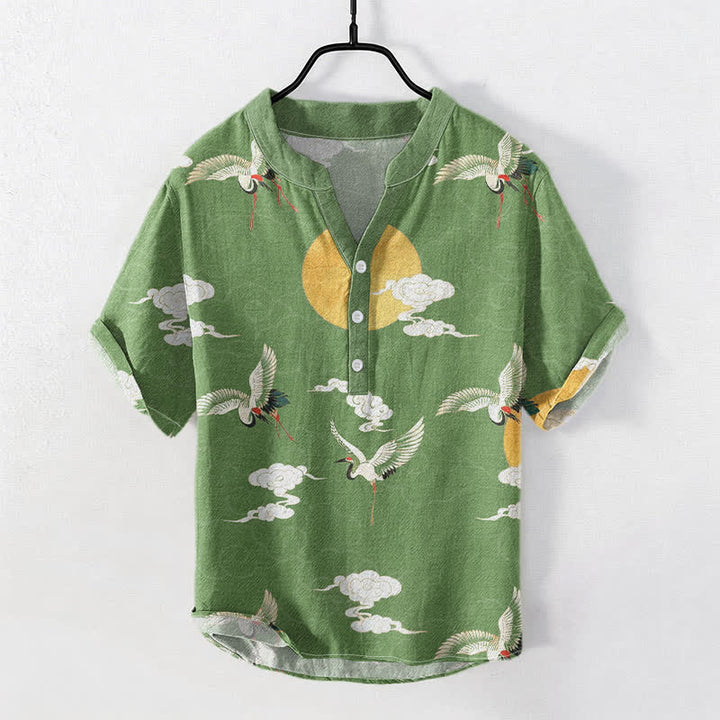 Buddha Stones Cotton Crane Cloud Sun Pattern Men's Short Sleeve Half Button Shirt - MediumSeaGreen - US/UK/AU50，EU60 (5XL) - image 5