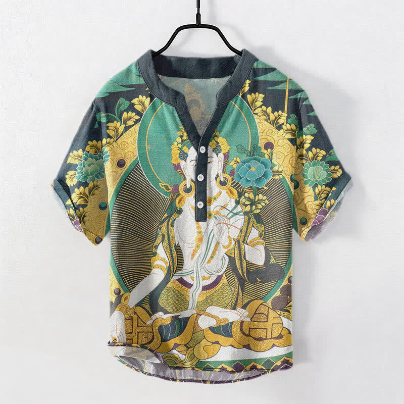 Buddha Stones Cotton Radiant Buddha Floral Pattern Men's Short Sleeve Half Button Shirt - LightSeaGreen - US/UK/AU50，EU60 (5XL) - image 0