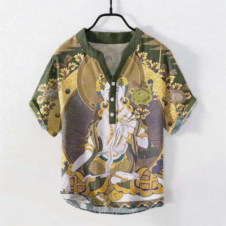 Buddha Stones Cotton Radiant Buddha Floral Pattern Men's Short Sleeve Half Button Shirt - DarkKhaki - US/UK/AU50，EU60 (5XL) - image 7