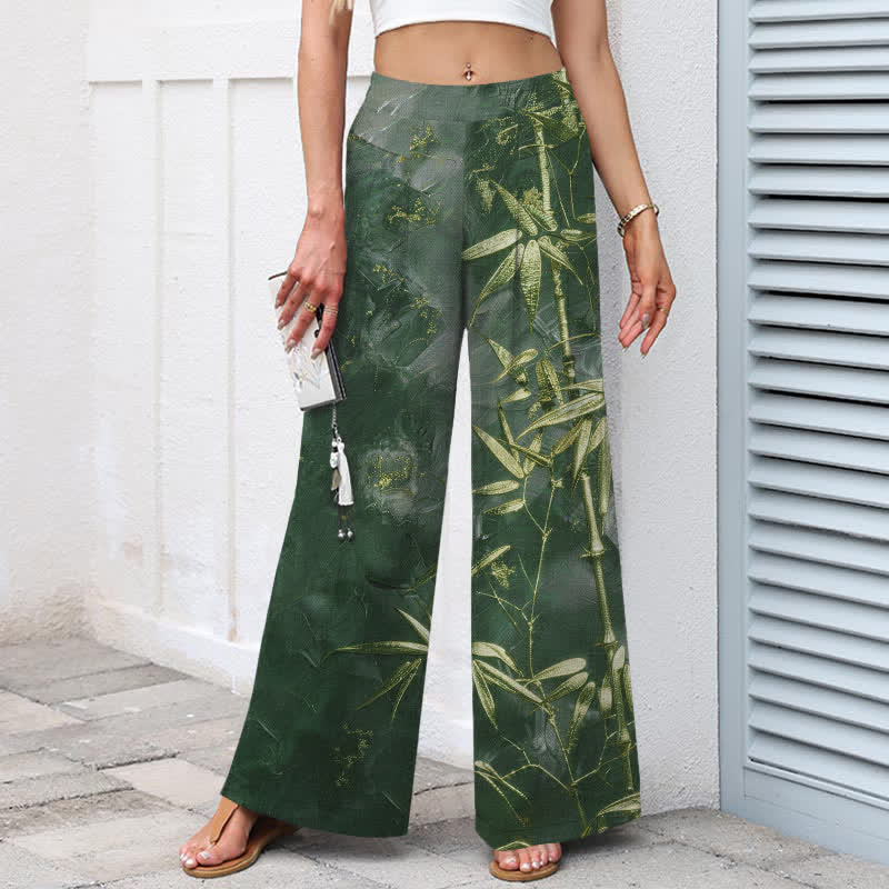 Buddha Stones Cotton Linen Golden Bamboo Pattern Women's Elastic Waist Wide Leg Pants With Pockets - image 8
