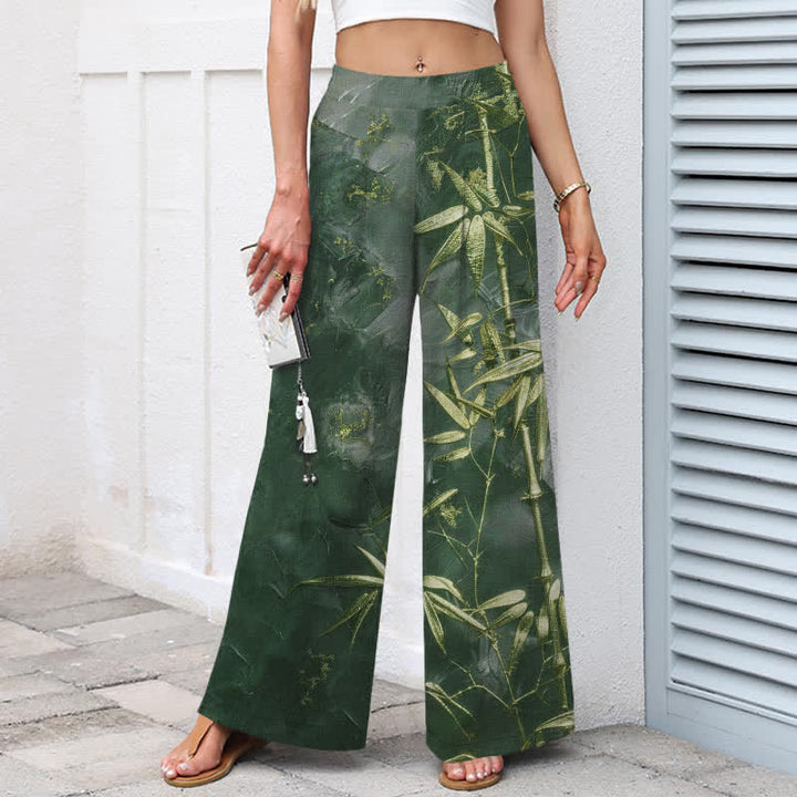 Buddha Stones Cotton Linen Golden Bamboo Pattern Women's Elastic Waist Wide Leg Pants With Pockets - image 8