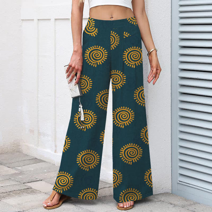 Buddha Stones Cotton Linen Sun Spiral Pattern Women's Elastic Waist Wide Leg Pants With Pockets - image 6