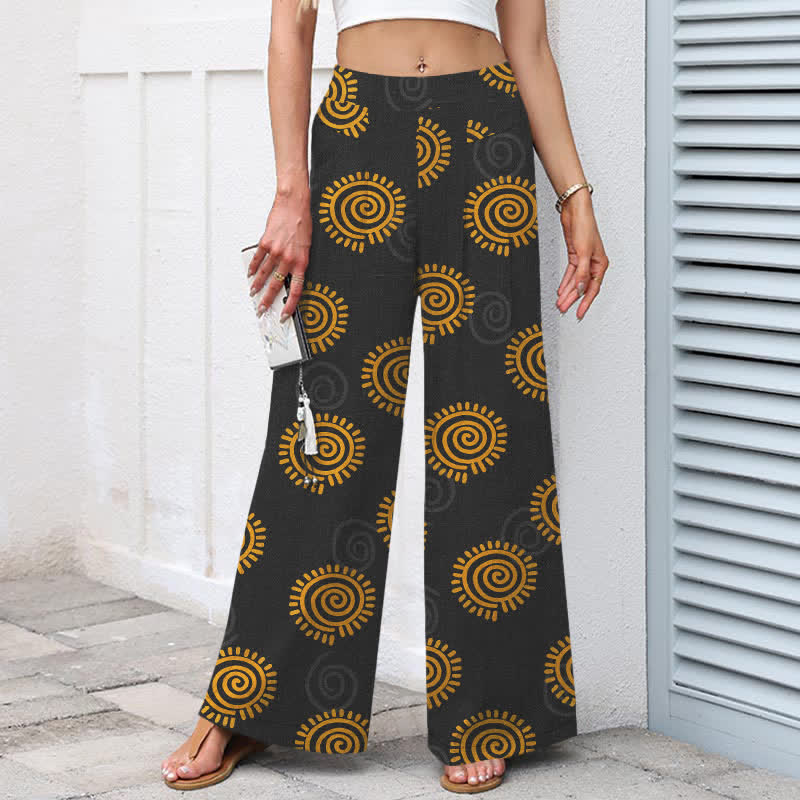 Buddha Stones Cotton Linen Sun Spiral Pattern Women's Elastic Waist Wide Leg Pants With Pockets - image 8