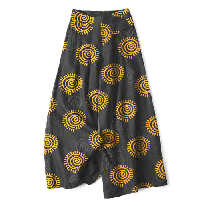 Buddha Stones Cotton Linen Sun Spiral Pattern Women's Elastic Waist Wide Leg Pants With Pockets - Black - US16，UK/AU20，EU48 (3XL) - image 7