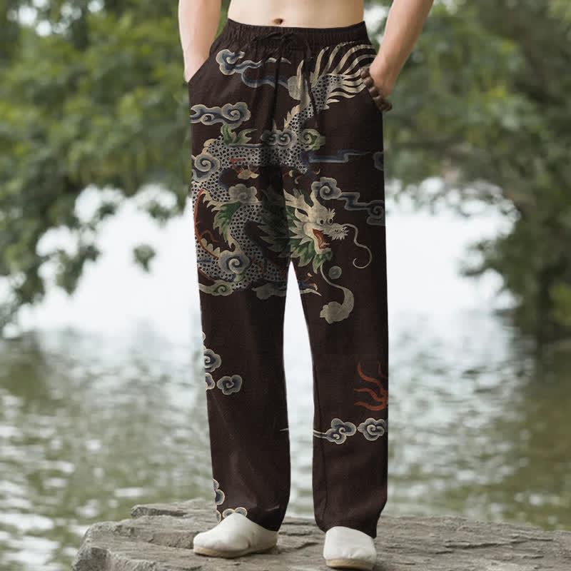 Buddha Stones Cotton Dragon Cloud Pattern Men's Tapered Pants With Pockets - SaddleBrown - US/UK/AU50，EU60 (5XL) - image 0
