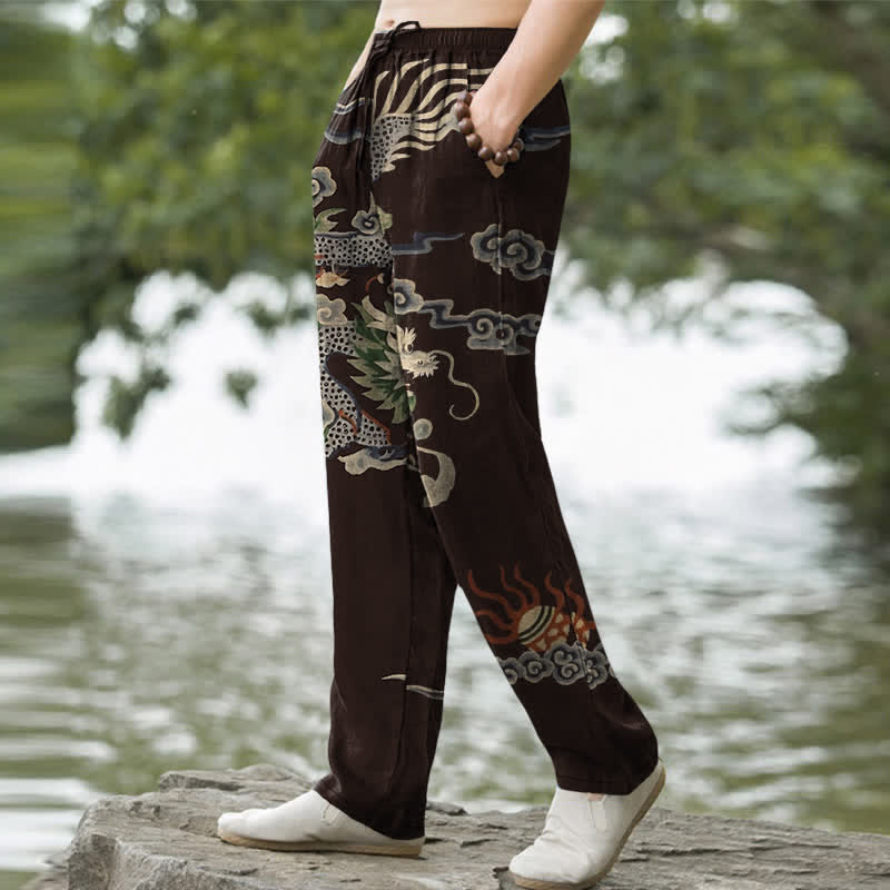 Buddha Stones Cotton Dragon Cloud Pattern Men's Tapered Pants With Pockets - image 1