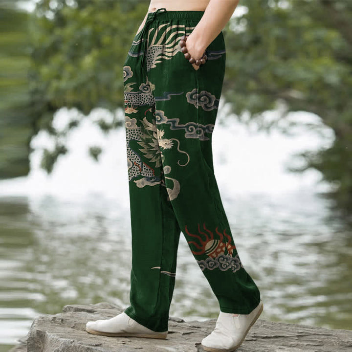 Buddha Stones Cotton Dragon Cloud Pattern Men's Tapered Pants With Pockets - image 5