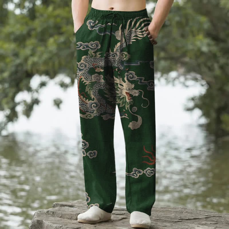 Buddha Stones Cotton Dragon Cloud Pattern Men's Tapered Pants With Pockets - DarkGreen - US/UK/AU50，EU60 (5XL) - image 4