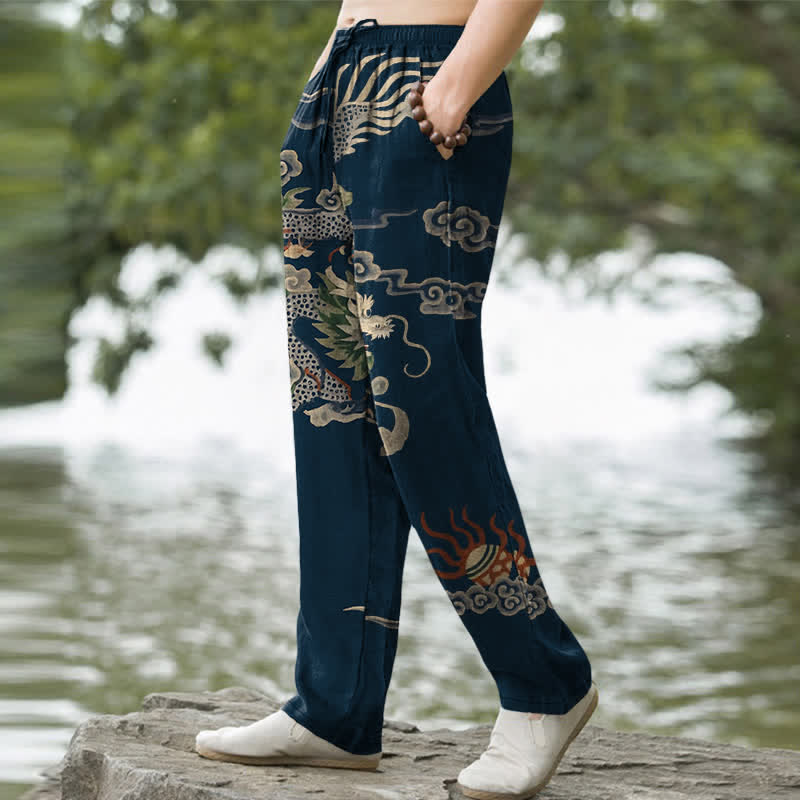 Buddha Stones Cotton Dragon Cloud Pattern Men's Tapered Pants With Pockets - image 7