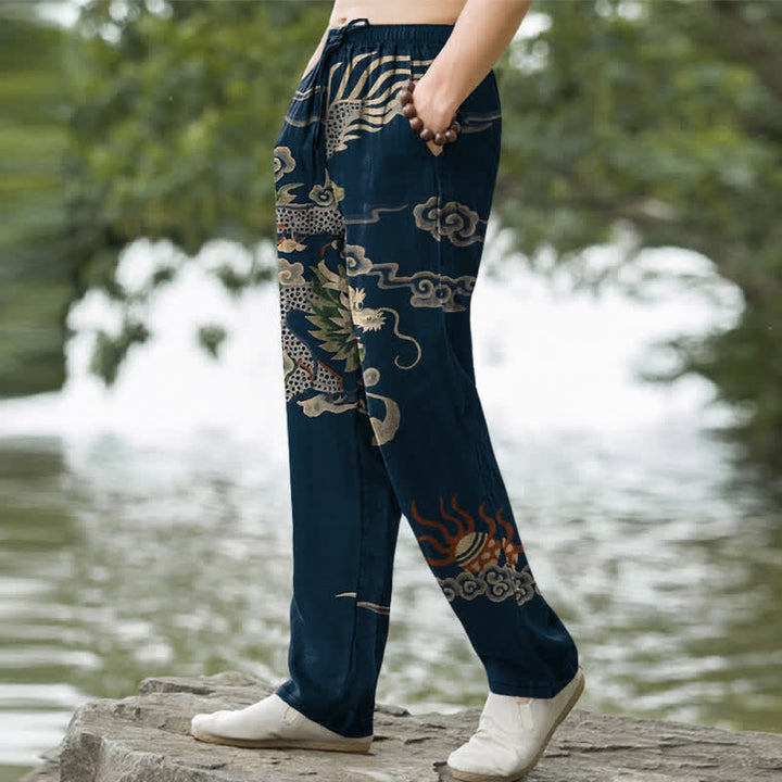 Buddha Stones Cotton Dragon Cloud Pattern Men's Tapered Pants With Pockets - image 7