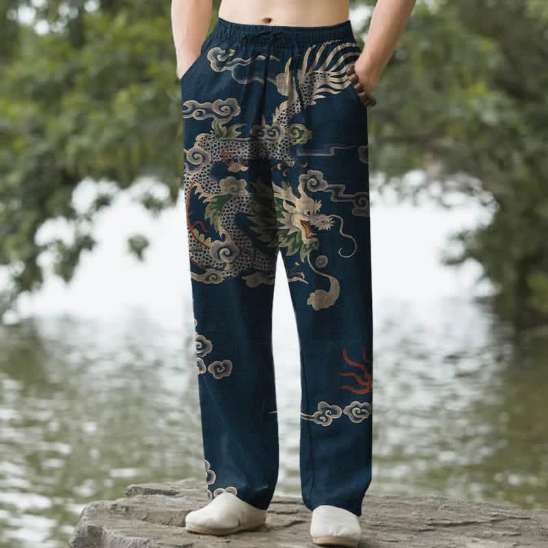 Buddha Stones Cotton Dragon Cloud Pattern Men's Tapered Pants With Pockets - Navy - US/UK/AU50，EU60 (5XL) - image 6