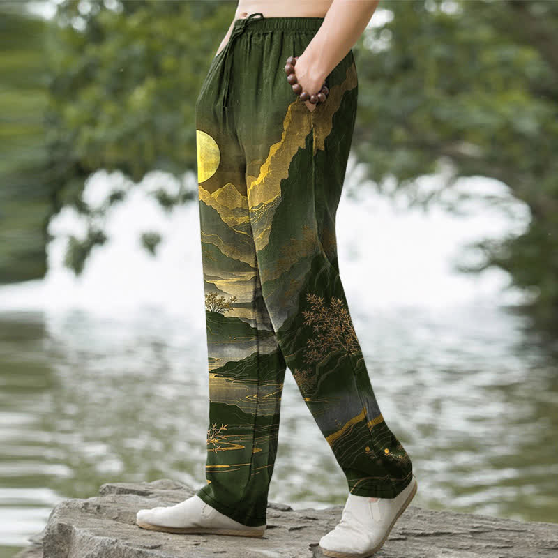 Buddha Stones Cotton Golden Mountain At Sunrise Pattern Men's Tapered Pants With Pockets - image 1