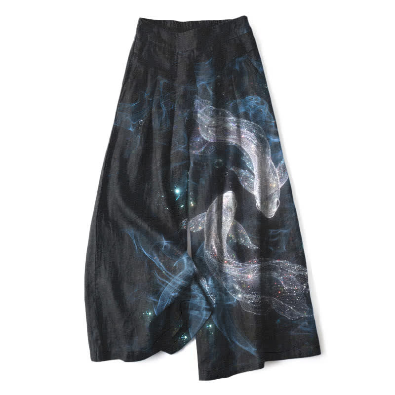 Buddha Stones Cotton Linen Mystic Fish Pattern Women's Elastic Waist Wide Leg Pants With Pockets - Black - US16，UK/AU20，EU48 (3XL) - image 0