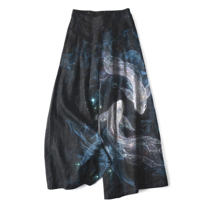 Buddha Stones Cotton Linen Mystic Fish Pattern Women's Elastic Waist Wide Leg Pants With Pockets - Black - US16，UK/AU20，EU48 (3XL) - image 0