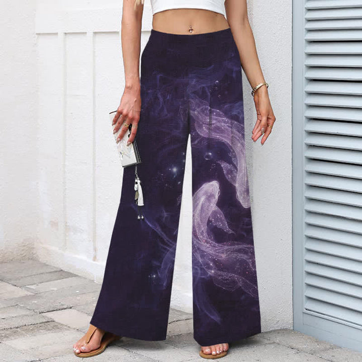 Buddha Stones Cotton Linen Mystic Fish Pattern Women's Elastic Waist Wide Leg Pants With Pockets - image 6